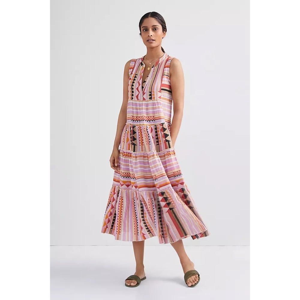Devotion Twins Havana Sleeveless Geometric Pink Orange Midi Dress Size Small